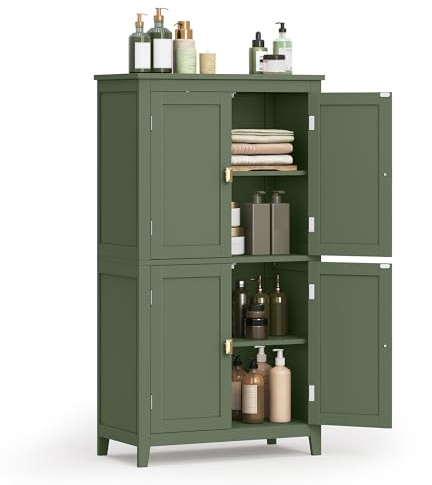 VASAGLE Floor Storage Cabinet, Freestanding Storage Unit with 4 Doors, Adjustable Shelves, 11.8 x 23.6 x 43.3 Inches, for Entryway, Bathroom, Forest Green UBBC552C01