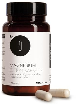 Medicom - Magnesium Citrat 800 mg, Kapseln, Swiss Made, 60 Stück | Hohe Bioverfügbarkeit, Reines Magnesiumcitrat, Swiss Made, Vegan, Ohne Zusätze, für Muskeln, Nerven, Energiehaushalt