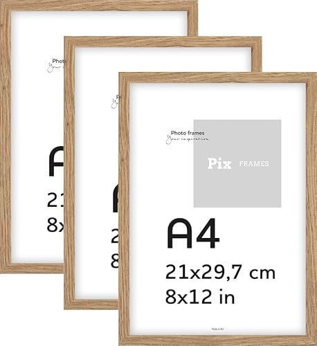 Pix FRAMES Bilderrahmen A4 Set 3er - Holz Fotorahmen 21x30 cm - Holzbilderrahmen mit Scheiben aus Plexiglas - Bilderrahmen Holz zum Aufhängen - Wooden Picture Frame - Photo Frame zum Aufstellen