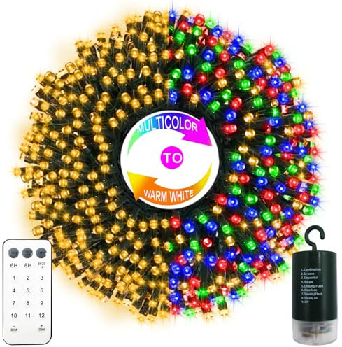 echosari 20M 200LED Battery Operated String Lights, 12 Lighting Modes Warm White & Multicolor Fairy Lights with Remode Timer, Green Wire Twinkle Lights for Indoor Outdoor Party Wedding