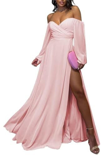 KURFACE Long Sleeve Country Wedding Bridesmaid Dresses Sweetheart Chiffon Slit Evening Party Maxi Gowns WSX437 Blush Pink UK10