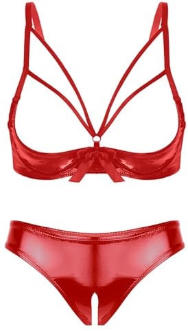 CHICTRY Women 2 Piece Lingerie Set Stretch Vinyl Push Up Shelf Bra 1/4 Cup Bra Tops with Panty Teddy Red L