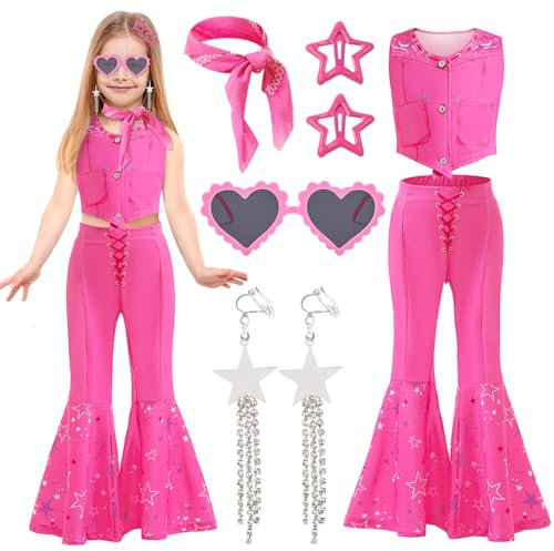 Beamely Ensemble de costumes de cowgirls roses pour filles, tenues de cosplay de film pour enfants, ensemble d'accessoires de déguisement rose pour enfants, fête de carnaval, déguisement d'Halloween