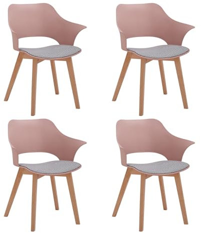 JZGORC Set di 4 Sedie da Pranzo Moderne, Sedia da Pranzo in Stile Nordico con Braccioli, Gambe in Faggio, Sedia da Cucina Imbottita in Plaid di Lino - Rosa