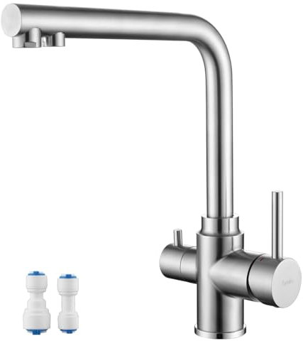 Tondiy Robinet de Cuisine 3 Voies, Mitigeur Évier avec Deux Sorties D'eau Rotatif à 360°, Robinetterie D'eau Potable à 2 Poignées, Acier Inoxydable, Brossé