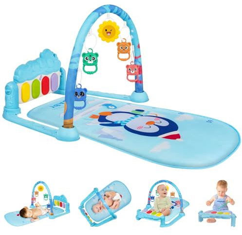 AOMIG Piano-Gym Spieldecke, Krabbeldecke mit Musik und Lichtern, Spielmatte mit Spielbogen abnehmbarem Babyspielzeug, Bauchzeit Activity Decke für Kleinkinder ab der Geburt – Pinguin