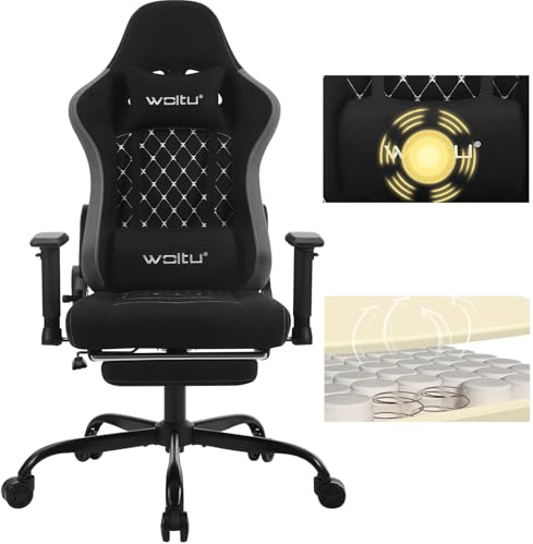 WOLTU Massage Gaming Stuhl, Bürostuhl ergonomisch, Racing Gamer Sessel, Computerstuhl 150 kg, Drehstuhl mit Rollen, Kopfstütze, Fußstütze, Lendenkissen, Tech-Stoff, Schwarz + Grau, GS09szg