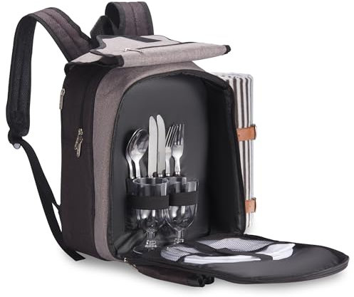 VonShef Picnic Backpack, 2 Person Grey Picnic Bag with Full Dining & Cutlery Set, Insulated Cooler Compartment & Large Waterproof Picnic Blanket, Lightweight Water Resistant Camping Accessories