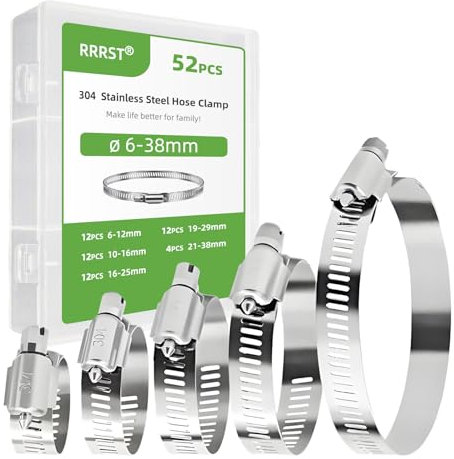 RRRST 52pcs Fascette Stringitubo 6mm-38mm, Acciaio Inox 304, Fascette Stringitubo Con Ingranaggio a Vite per Piscine, Lavatrici, Impianti Idraulici, Automotive, 5 Misure Diverse