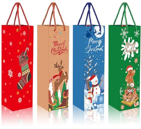 POPOYU 12Pcs Wein Geschenktasche für Weihnachten, Weinflaschenbeutel aus Kraftpapier, Flaschentüten Geschenktüten für Wein mit Griff, Kraft Wein Organizer für Hochzeit, Geburtstag Party 4MixColor