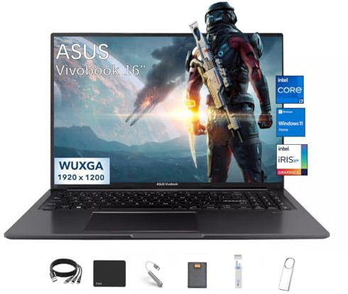 ASUS Vivobook Ordinateur portable léger de 16, WUXGA IPS (1920 x 1200) 16:10, Intel Core i7-1255U (10 cœurs, jusqu'à 4,7 GHz), carte graphique Iris Xe, 40 Go de RAM, 4 To SSD, Windows 11H, avec kit
