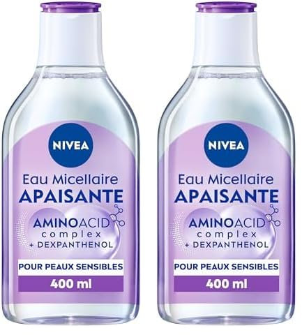 NIVEA Eau Micellaire APAISANTE Peaux Sensibles (1 x 400 ml), démaquillant enrichi aux micelles et acides animés sans parfum, nettoyant visage pour yeux & lèvres (Lot de 2)