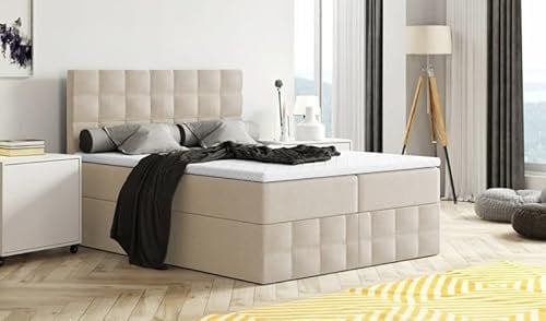 Moderne Boxspringbett MERA Premium Bett mit Bettkasten Ziernähten Bonell Matratze H3 Federkern Topper Polsterbett Doppelbett Schlafzimmer (Beige: Aura 01, 200 x 200 cm)
