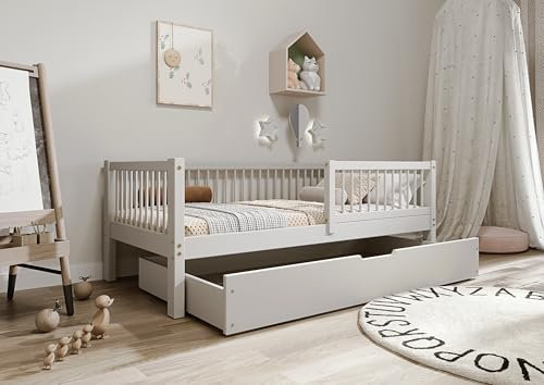TIMBEE - Alfi Box - Kinderbett 90x200 mit Schublade - Bett Grau - Einzelbett für Kinder mit Lattenrost und Rausfallschutz Abnehmbar - Belastbar bis 100 kg - aus Kiefernholz Klasse 1