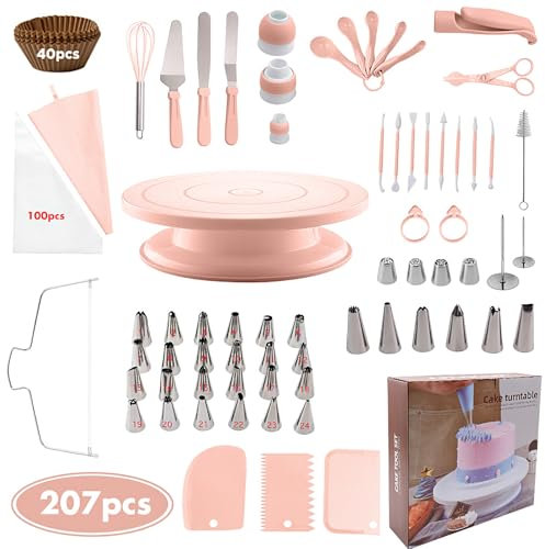 TechVizrs Backzubehör fuir Torten Set 207,Torten Zubehör, Backzubehör, Tortenplatte Drehbar, Cake Decorating Turntable für Anfänger und Profis (Rosa)