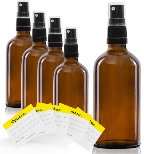 Oputec 5 x 100 ml Sprühflaschen aus Glas mit Zerstäuber + 5 Beschriftungs-Etiketten - Braunglasflaschen mit feinem Sprühkopf - Kleine Pumpspray-Flasche