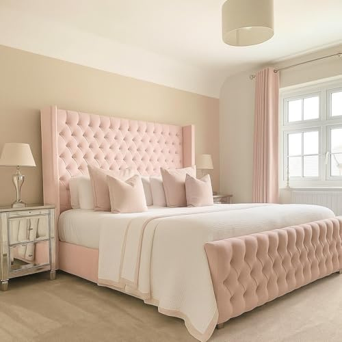 Bespoke Chesterfield Chelsea Wing Bed Frame - UK made - Single/Double/King/Super King Size Plush Velvet Fabric Upholstered (Baby Pink Plush, Small double 4ft)