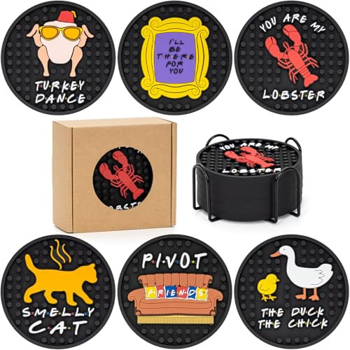 Friends Lot de 6 dessous de verre en silicone avec support, table basse/bière, protection de meubles et de table, décoration de maison/cuisine, noir