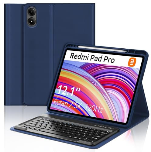 SENGBIRCH Coque Clavier pour Redmi Pad Pro 12.1 2024 - AZERTY Français Clavier Détachable sans Fil Bluetooth, Étui avec Fente pour Stylo pour Xiaomi Pad Poco 12.1, Bleu foncé