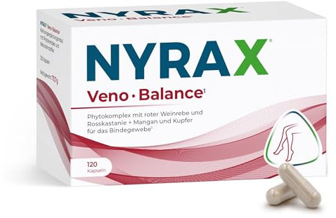 NYRAX® Veno Balance – Hochdosiertes Trio: Rosskastanienextrakt, Rotes Weinrebenextrakt & Brennesselextrakt – 120 Vegane Kapseln in Apothekenqualität