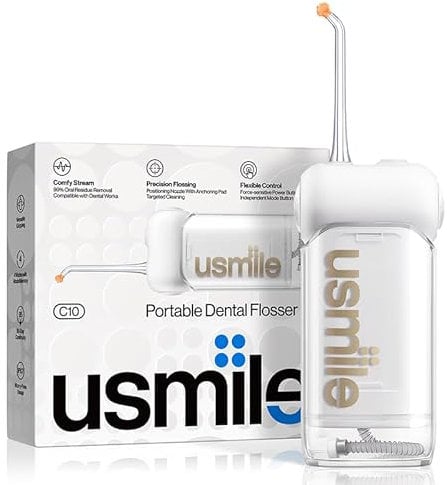 usmile C10 Tragbare Munddusche – 95 Tage Akkulaufzeit, 4 Reinigungsmodi, 180 ml Tank, IPX7 Wasserdicht, Ideal für Reisen, Zahnspangen, Implantate & Empfindliches Zahnfleisch (Blau) (Weiß)
