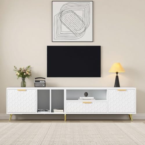 LINKHOO Meuble TV Blanc Moderne, Design élégant avec Motif en nid d'abeille Mat, Grand Espace de Rangement, Meuble TV 180 cm Longueur pour téléviseurs jusqu'à 80 Pouces