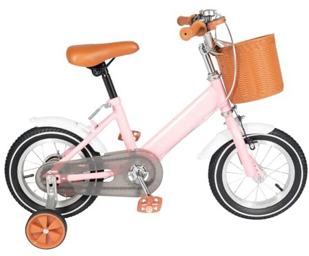 Coniaio Vélo pour fille 12 avec panier et roues stabilisatrices, équilibre et pédale, à partir de 2 à 5 ans, rose