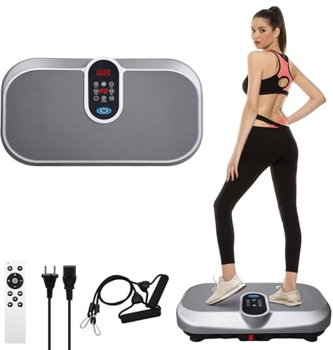 Plateforme Vibrante 150KG avec Bandes de Résistance et Télécommande, Plaque vibrante Fitness avec 120 Niveaux de Vibration et 9 Programmes d'entraînement Automatiques, Haut-Parleur Bluetooth