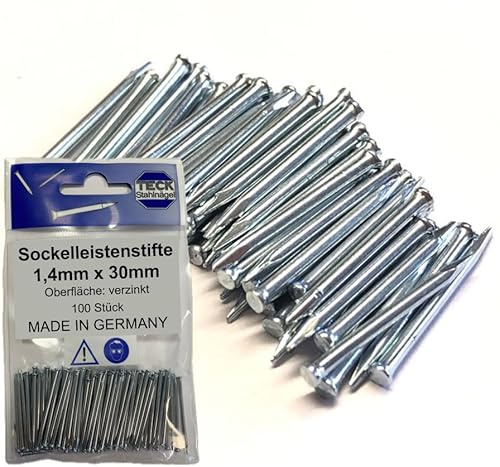 TECK Stahlnägel Stahlstifte Sockelleistenstifte 1,4 x 30 mm, Flachkopf, 100 Stück, verzinkt | extra stark für Mauerwerk, Beton und Ziegel |