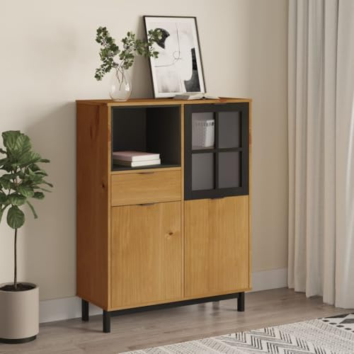 Mimdixy Küchenvitrine Sideboardschrank,Highboard mit Glastür FLAM 92x40x122,5 cm Massivholz Kiefer