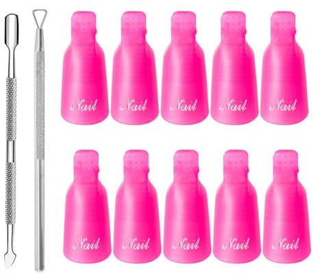 10 PCS Nail Polish Remover Clips with 2 Cuticle Pusher, Nail Clips | Nail Soak Off Clip, Soak Off Gel, Reusable Acrylic Gel Polish Clip for Fingers & Toenails (Pink)