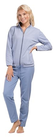 Consult-Tex Damen Langarm Hausanzug aus 100% Baumwolle-Fleece Qualität. Oberteil mit Reißverschlus und abgesteppten Bündchen. Hose mit dehnbarem Bund und Kordelzug. Attraktives Ringel-Dessin