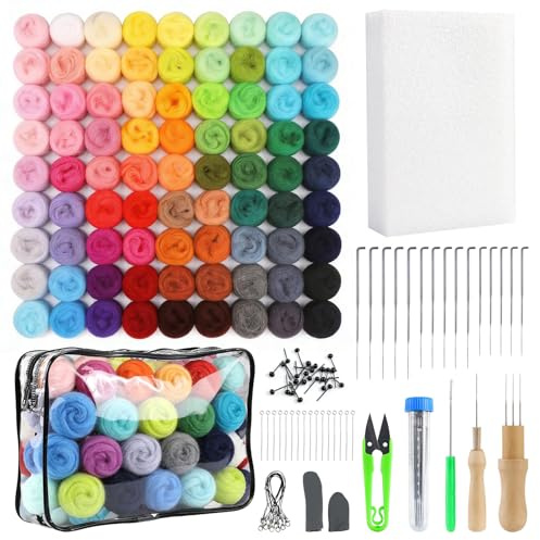 Pgtc 100 Farben Filzwolle Set,300g Märchenwolle,Filznadeln & Werkzeuge | Filzwollstreifen für Trockenfilzen & Nassfilzen, Geeignet für DIY-Tierbasteleien und Filz-Bastelsets für Erwachsene