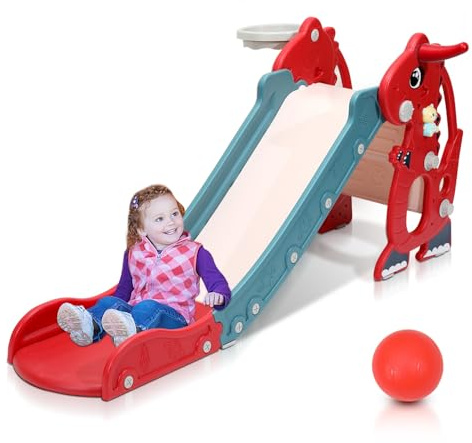 Jaxguom 4-in-1 Kinderrutsche Faltbar, Kinder Fun-Slide mit Basketballkorb, Rutsche ab 1 Jahr, Indoor & Outdoor Rutschbahn, Baby Rutsche Gartenrutsche -Rot