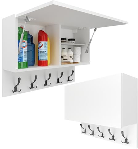Milionmeblicom Mobiletto Pensile da Bagno Paula con Ganci Neri Tripli, Salvaspazio, Mobile da Parete Sospeso, Armadietto Pieghevole con Apertura Telescopica, Bianco Opaco, 39 x 90 x 23 cm