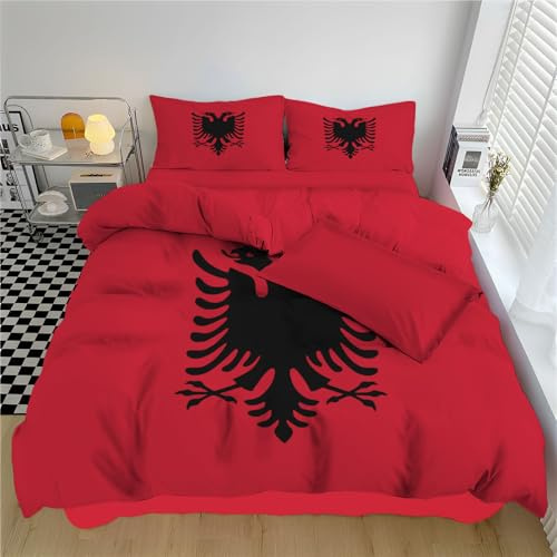 DLERFLOVR Bettwäsche Set 155x220cm - 3 teilig Flagge Der Republik Albanien Bettbezug Ethnischer Stil Deckenbezug Wendebettwäsche mit Reißverschlüssen und Kissenbezug, Weich und Bügelfrei, Rot