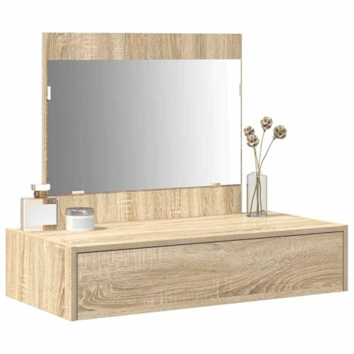 Tomostar Wand-Schminktisch mit Spiegel, Schminktisch zum Aufhängen, mit Schublade, Toilettentisch, Wandmontage, Braun, 83 x 40 x 70 cm