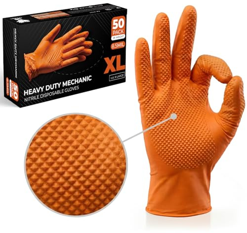 The Real Touch Nitrile Gloves, 50 Count, Heavy-Duty Disposable Mechanic Gloves, Diamond Textured, Latex & Powder-Free, Non-Slip, Extra Thick, Ideal for Automotive, Industrial Tasks (Orange - 50, XL)