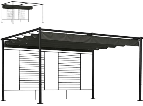 Outsunny Pergola Jardin Extérieur 3x4m avec Tonnelle à Vigne, Protection UV50+ et Toit Rétractable - Abri de Terrasse en Acier et Panneaux d'Intimité pour Plantes Grimpantes et Terrasse, Gris Foncé