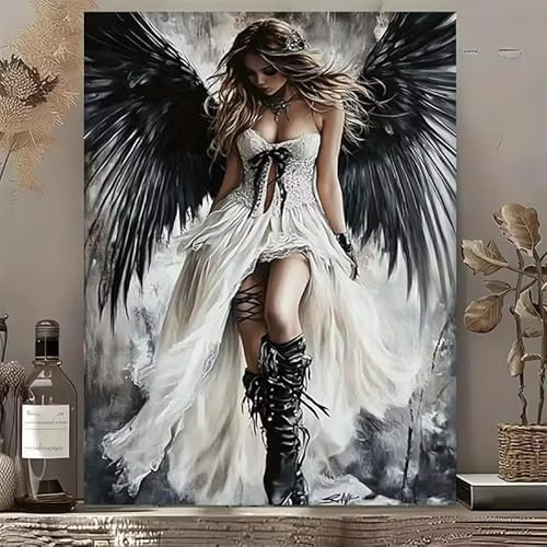 DFZEWKI Wandbild „Dunkler Engel Fantasy“ – Gothic-Stil, schwarze Flügel, weiblich im weißen Kleid – für die Dekoration von Zuhause und Büro (40 x 50 cm (16 x 20 Zoll) / ohne Rahmen)