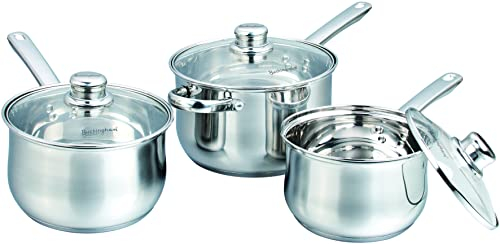 Buckingham 3-Piece Deep Saucepan Set Induction Compatible Stainless Steel Cookware Pan Pot Set Premium Quality, Silver