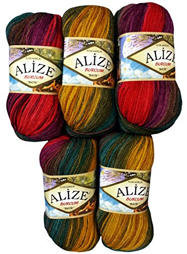Alize Burcum Batik 5 x 100 Gramm Wolle Mehrfarbig mit Farbverlauf, 500 Gramm Strickwolle (rot lila Ocker u.a. 3368)