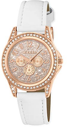Tikkers Mädchen Quarz-Uhr mit Rose Gold Zifferblatt Analog-Anzeige und Weiß Nachahmung Lederband tk0129