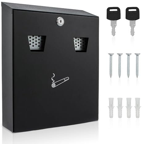 Wall Mounted Ashtray, Lockable Cigarette Bin Ashtrays for Outside with Keys, Black Powder Coated Strong Outdoor Ashtray, Smoking Box with luminous Cigarette Sign & Holes for Cigarette Butt Disposal