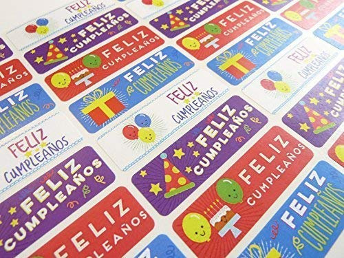 Pack of 32 Feliz Cumpleanos Spanish Birthday Greeting Stickers, Colourful Self-Stick Labels for Cards, Envelopes, Craft, Decoration