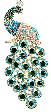 EVER FAITH Cristal Autrichien Élégant Animal Paon Plume Pendentif Broche Vert w/Bleu Ton d'or