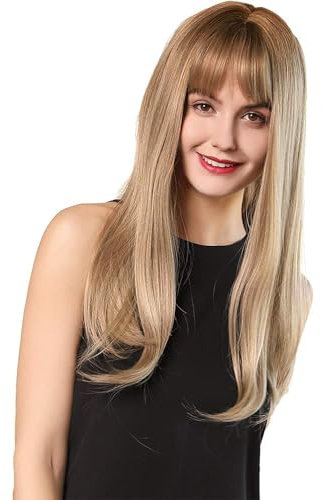 Esmee 24 Zoll Lange Gerade Haar Perücken für Frauen Helles Gold Natürlich Synthetische Hitzebeständige Perücken mit Pony