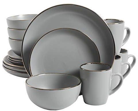 Gibson Home Rockaway Geschirrset aus Steinzeug, rund, für 4 Personen (16 Stück), grau/goldener Rand