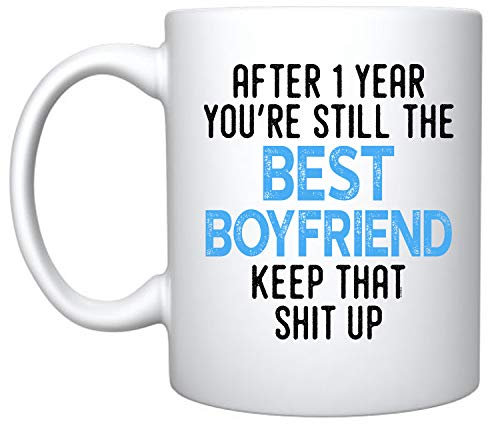 Veracco Keramik-Kaffeetasse mit Aufschrift After 1 Year You're Still The Best Boyfriend, für Ihn, Geburtstagsgeschenk, lustige Erinnerung an unser erstes Jahr zusammen (weiß, Keramik)