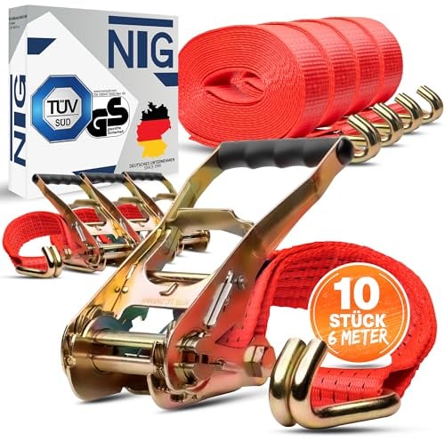 10 Stück | Spanngurte | Zurrgurte | 6m | 5t (2500/5000 daN, KG) Zweiteilig | 50mm | mit Ratsche und Haken | Ratschengurte | TÜV/GS geprüft
